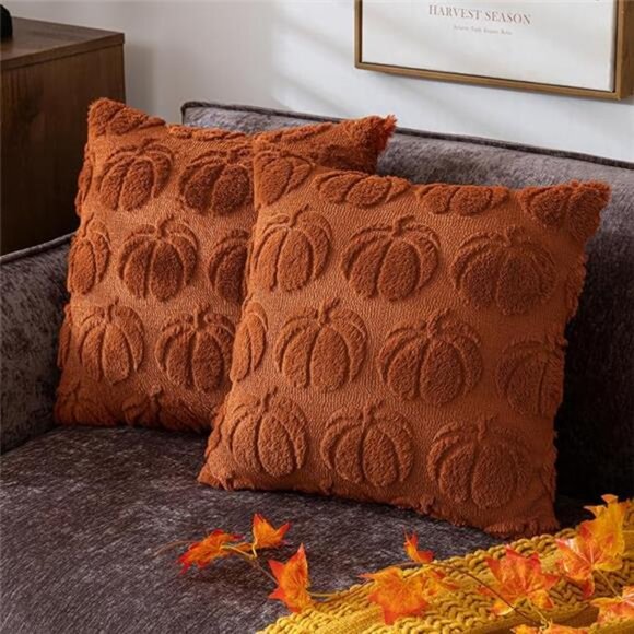 Pumpkin Fall Decorative Throw Pillow Covers 18"x18", Set of 2 Rust Red - Picture 7 of 7